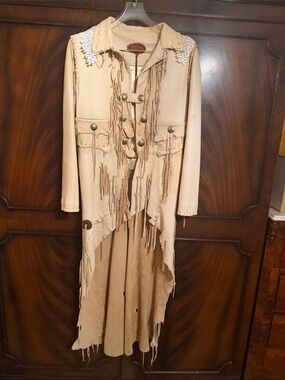 Fringed Beige Longline Leather Jacket with Embellished Shoulders